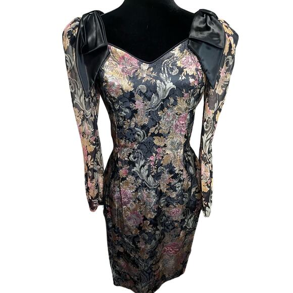 Vintage 80s Midnight Glo Black Bow Puff Sleeves Floral Mini Dress Small Medium 8 - Picture 1 of 9